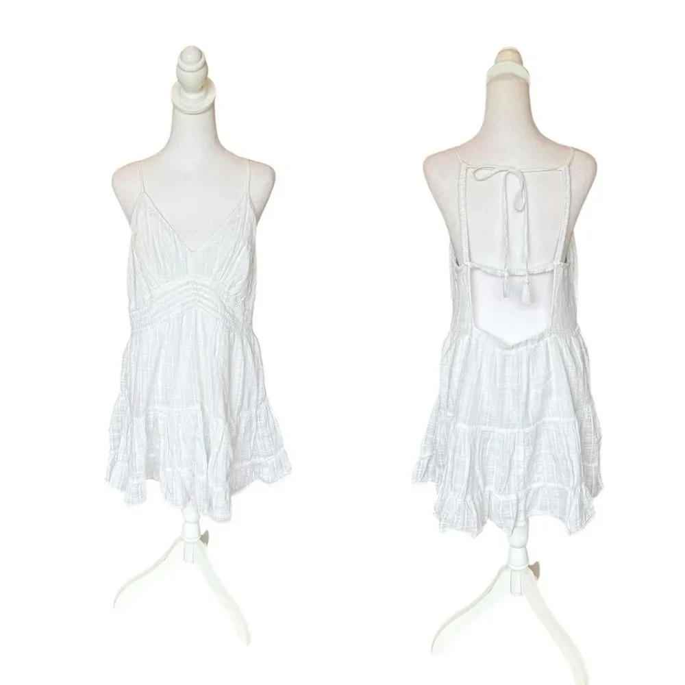 American Eagle Babydoll Mini Dress Strappy Open Back Womens Size Large White